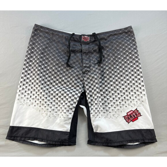 MMA Elite Board Shorts Mens Large Drawstring White Black Checkered Fade Logo - Picture 1 of 10